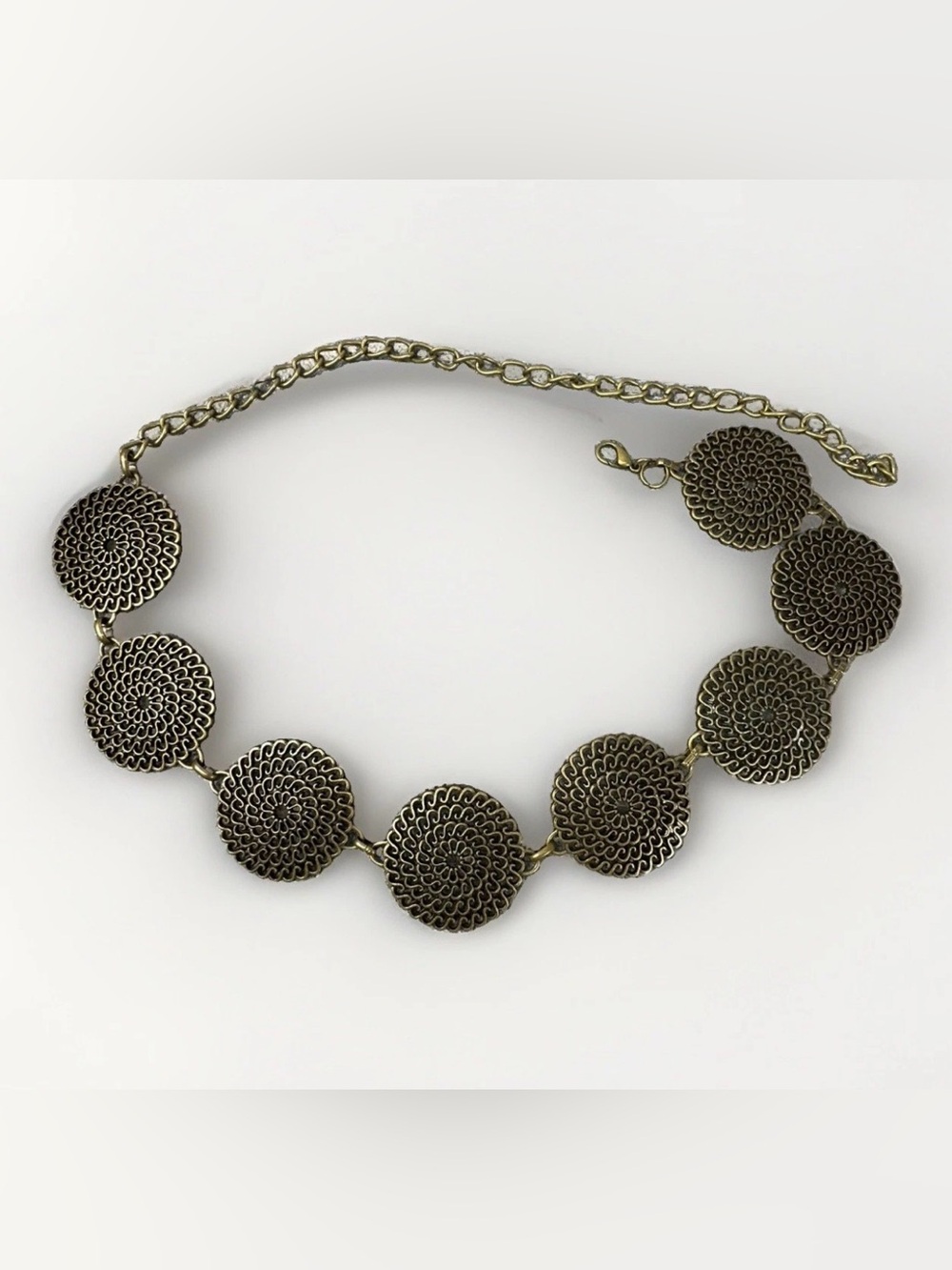 Vintage Solid Brass Filigree Medallion Chain Belt Boho Festival Adjustable 24-39